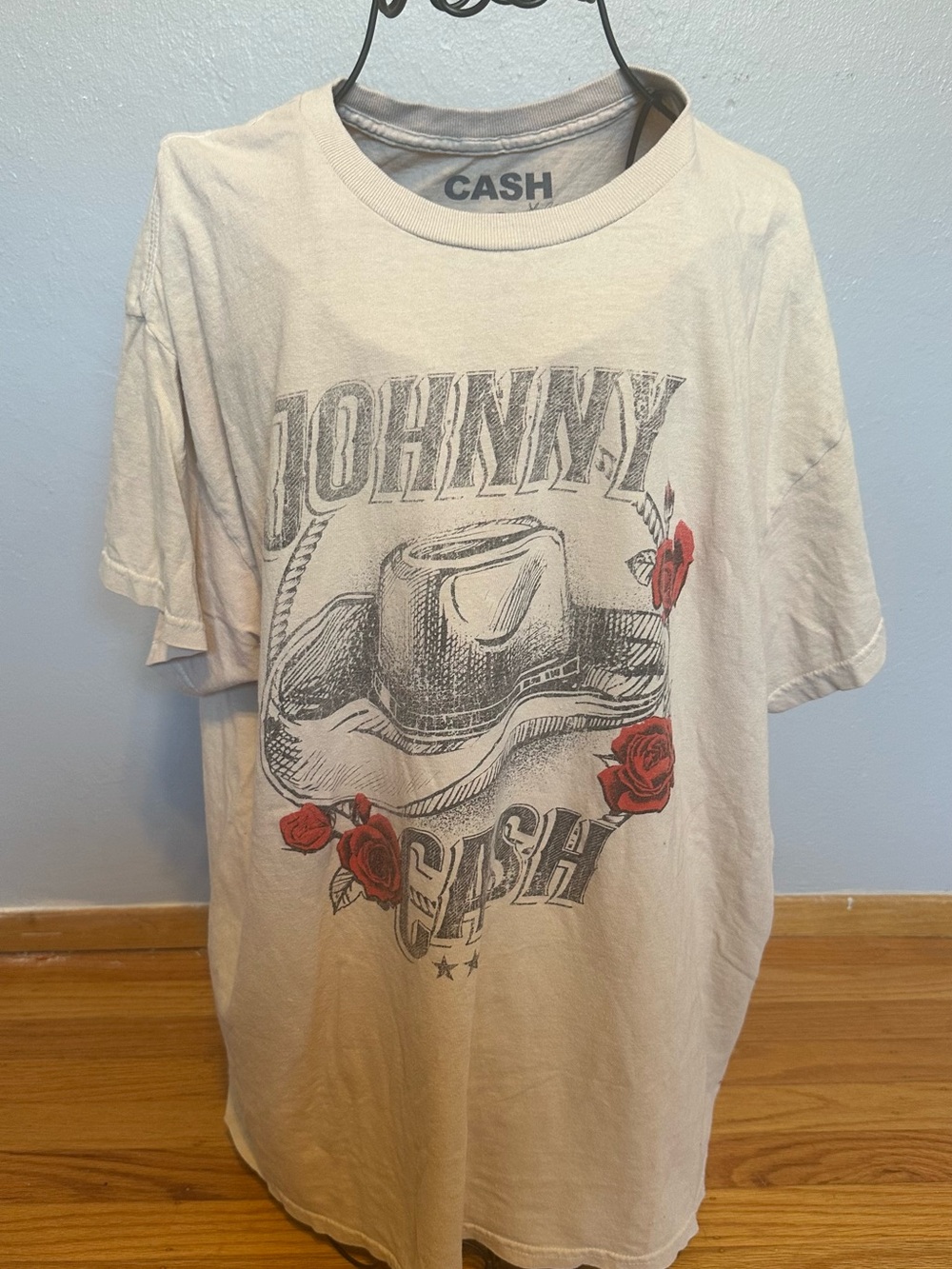 Ash Cream Johnny Cash Graphic Tee with Red Rose Accents